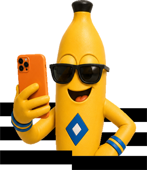 Personaje plátano de EME EFE con teléfono móvil