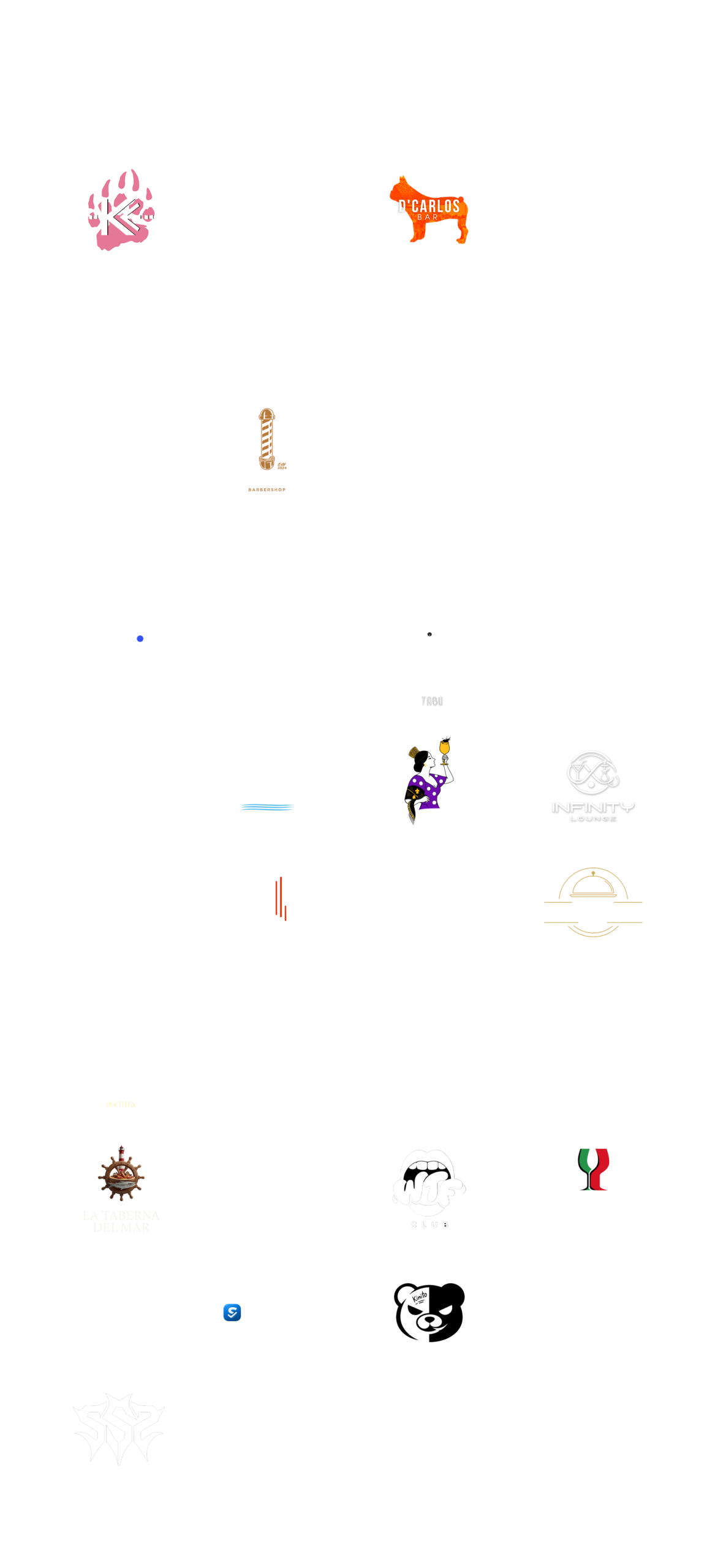 Logofolio completo de EME EFE Estudio sobre fondo negro con logotipos creados entre 2023 y 2026